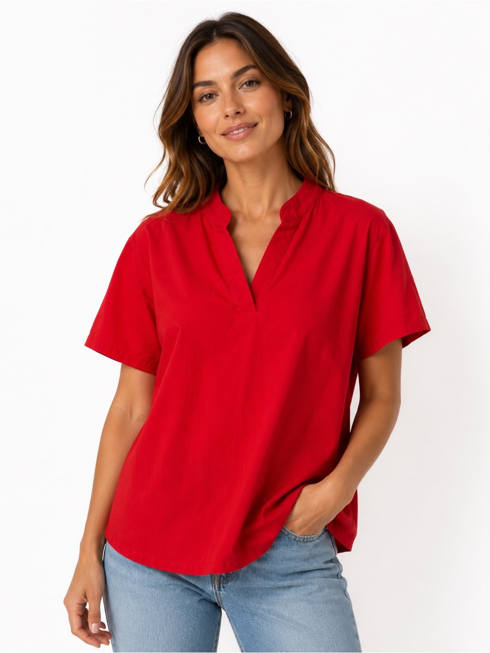 Relaxed Red Short-Sleeve Split-Neck Tunic - 0527